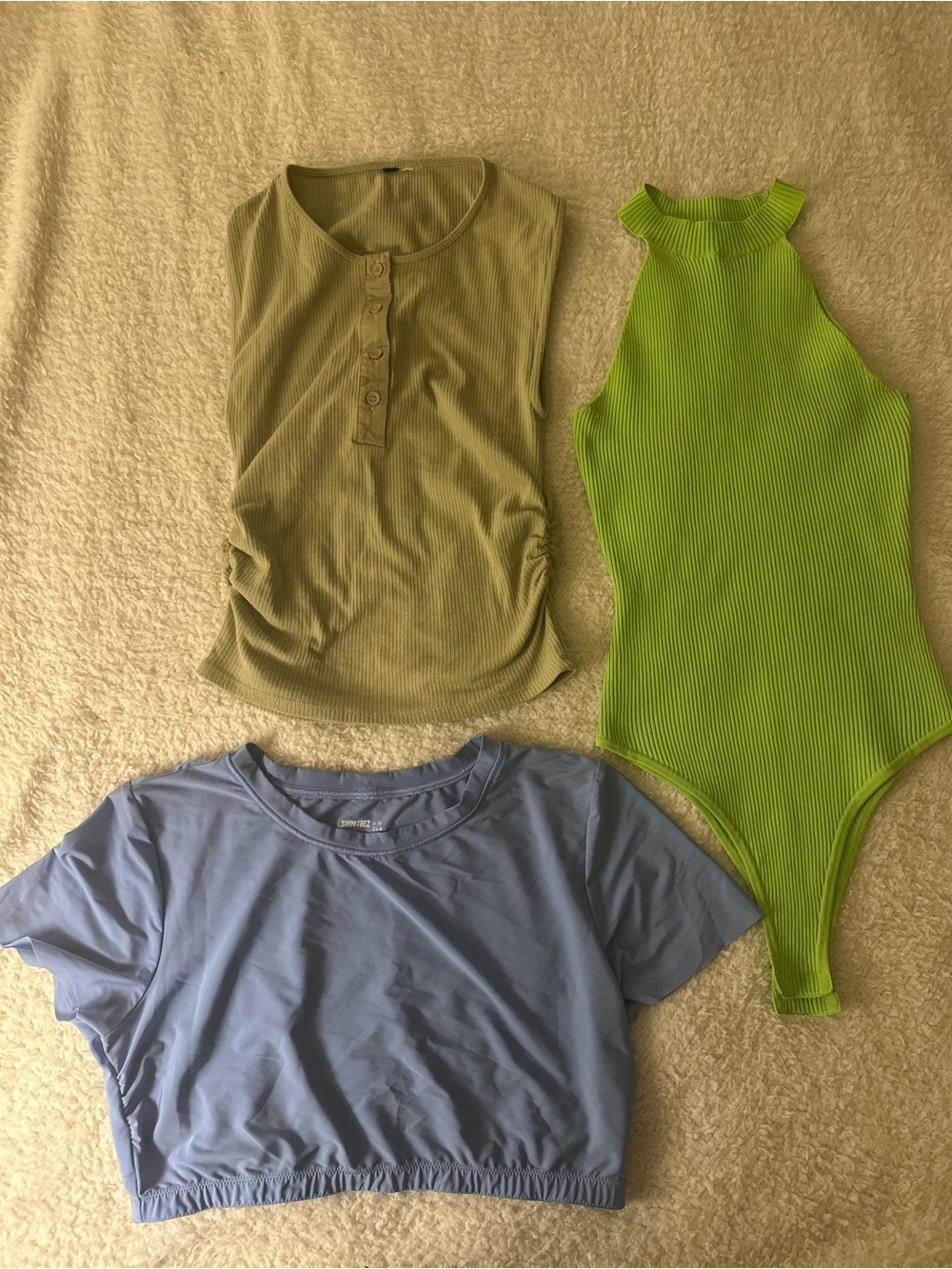 Bundle ! Three Women's Ribbed & Cropped Tops - Lime, Olive, Sky Blue